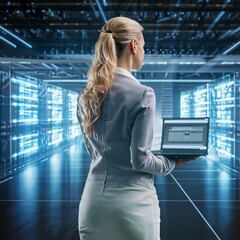 Back view of young businesswoman in shiny server room. Technology concept. Thunder warrior Chief Engineer at server room . Protection, precaution and security in business big data technology concept