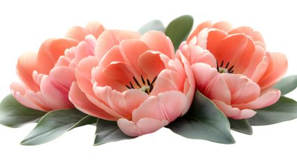 Bright pink double tulip flower with green leaves, full detail, isolated on white