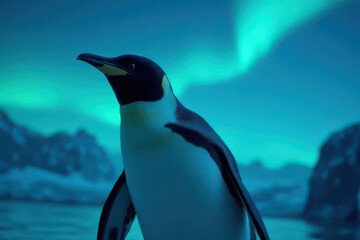 Naklejka premium Stunning Underwater Emperor Penguin Swim in Antarctica's Glowing Aurora