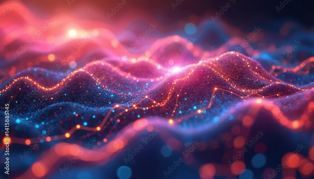 Poster abstract visualization of financial statistics with flowing graphs, high-tech interface. dynamic dig