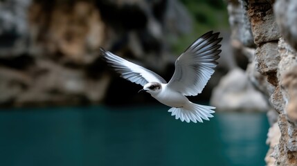 A seabird in flight over a turquoise lake