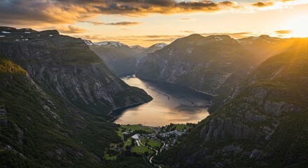 Fototapeta premium Majestic Fjord Sunset Landscape - Breathtaking sunset view over a serene fjord nestled between towering mountains. Golden hour light illuminates the tranquil waters and verdant slopes