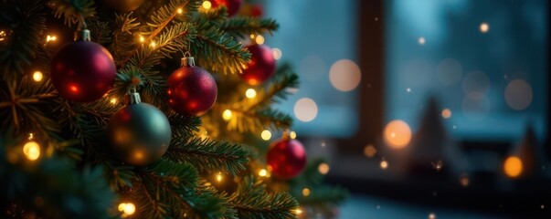 Christmas tree with twinkling lights and shiny ornaments, decoration, holiday, evergreen