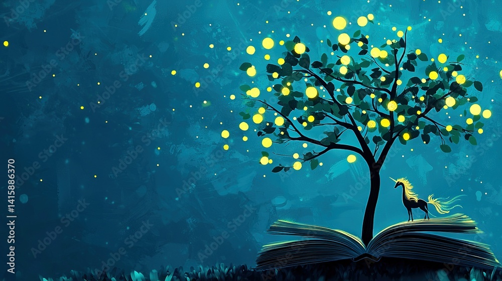 Wall mural an open book resting atop a green field beside a tree illuminated with yellow lights and a bird perc
