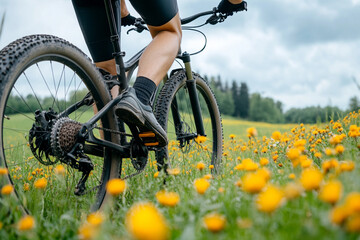 Naklejka premium Vibrant cycling adventure through a field of blooming rapeseed flowers 