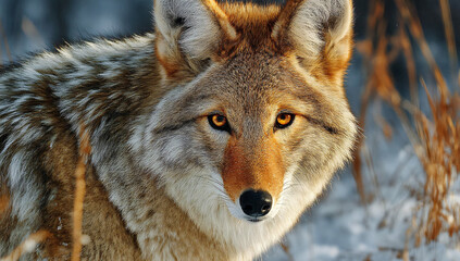 Fototapeta premium Close-up of a coyote in a snowy winter setting. Its intense gaze and striking fur are highlighted by the soft sunlight.
