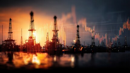 Fototapeta premium Double Exposure of Oil Rigs Overlayed with Global Forex Chart Data