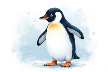 Fototapeta premium Whimsical Watercolor Penguin in Soft Pastel Hues with Abstract Snowflakes - Dreamy Midjourney Illustration