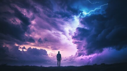 A lone figure stands beneath a stormy sky filled with vibrant lightning and swirling clouds, embodying a moment of wonder and awe.