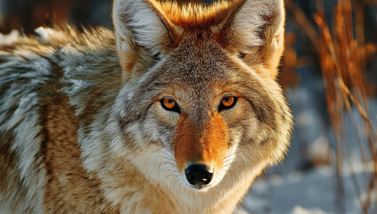 Fototapeta premium A close-up of a coyote in a winter setting. The animal's fur is a mix of gray, brown, and orange. Its intense gaze is captivating.