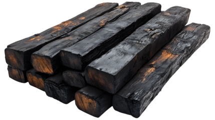 Burnt wooden sticks in blackened texture, isolated on white background