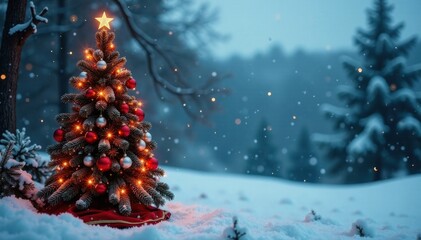 Christmas tree decorated with ornaments and lights against a snowy winter background , Holiday season, , Ornaments