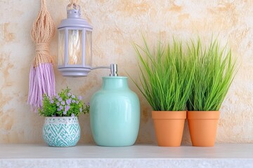Fototapeta premium Rustic interior shelf with lantern, vase, and potted plants against textured wall