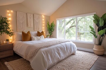 Cozy boho bedroom with natural light, macrame decor, and indoor plants