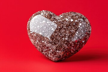 Crystal heart shape on vibrant red background reflecting light