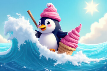 Naklejka premium Cute Penguin Cartoon Riding Ice Cream Wave: Colorful Kids Book Illustration of Magical Dessert Ocean Scene
