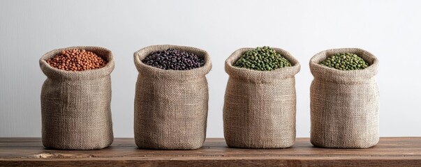 Four burlap sacks filled with colorful legumes, displayed on a wooden surface against a neutral background, highlighting natural textures and earthy tones.