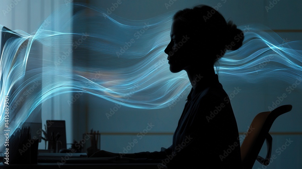 Poster woman in workspace with flowing streams of ai algorithm inspiration