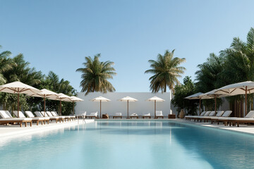 A pristine resort pool area features comfortable lounge chairs, umbrellas, and cabanas, framed by palm trees, under a clear blue sky, epitomizing luxury and relaxation.