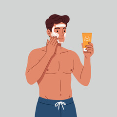 Fototapeta premium Shirtless man applying sunscreen lotion on face with blue shorts in flat style vector illustration