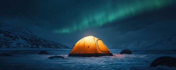 A bright orange tent illuminated under the stunning Northern Lights in a snowy landscape at night.