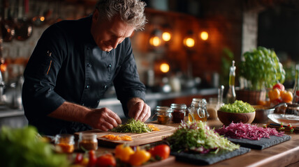 Expert male chef crafts a vibrant salad in a gourmet kitchen space