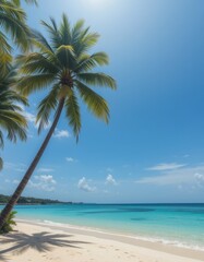 Tranquil beach with palm trees and crystal clear waters under bright sunny sky and soft ocean breeze Generative AI