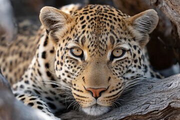 Naklejka premium A close-up of a leopard resting, showcasing its striking fur pattern and intense gaze.