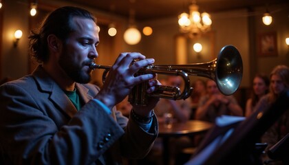 Passionate Jazz Musician Playing Trumpet in Dimly Lit Club