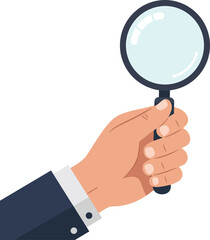 Human hand holding magnifying glass with black handle in flat minimal style vector illustration