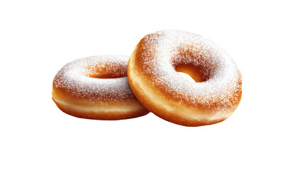 Two donuts sit close together, covered with powdered sugar against a dark background.