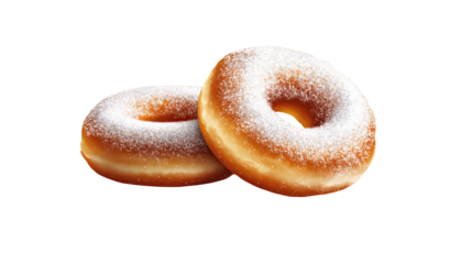 Two donuts sit close together, covered with powdered sugar against a dark background.