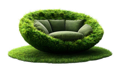 Chair with green grass elements, realistic 3D, isolated on white background