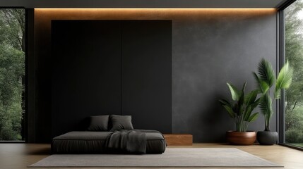 Modern minimalist bedroom with dark tones and large windows