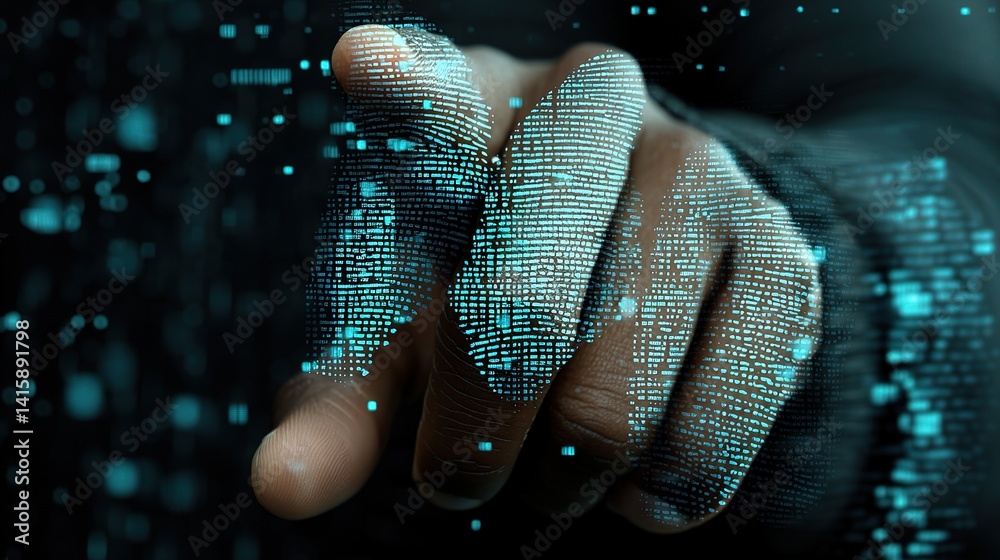 Poster security analyst interacting with encrypted digital data system