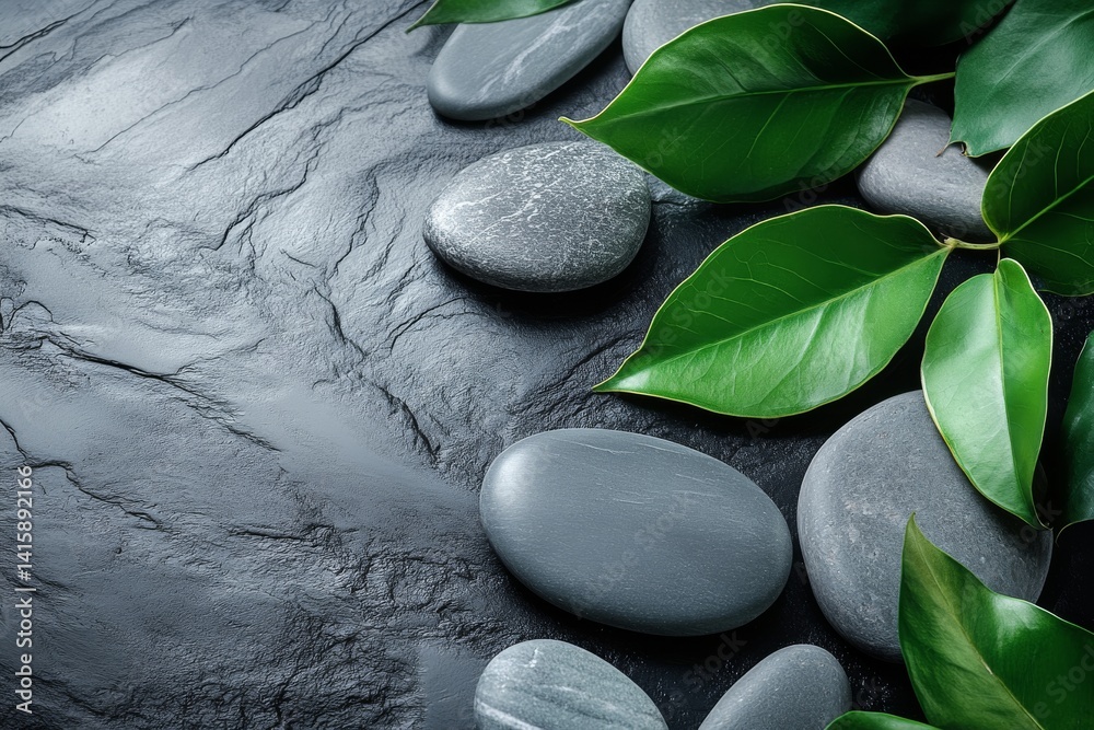Poster elegant harmony of grey stone and lush green leaves in a minimalistic setting evokes tranquility and