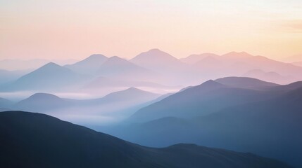 Fototapeta premium Majestic Mountain Range with Gentle Hues at Sunrise, Shimmering Peaks and Soft Mist Creating a Serene Atmosphere
