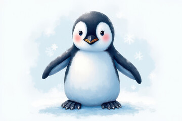 Fototapeta premium Gentle Watercolor Penguin with Abstract Snowflakes, Pastel Colors, Soft Textures, Dreamy Close-Up Scene, High-Detail Midjourney Art