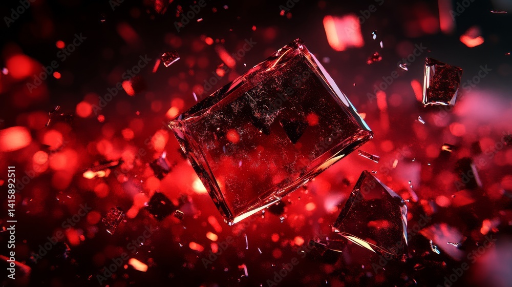 Poster dramatic display of fragmented red glass shards suspended in mist, capturing a surreal moment of bea