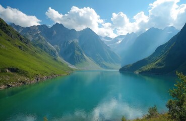 Obraz premium Scenic mountain lake Kuyguk Altai. Calm turquoise water reflects blue sky, fluffy clouds, mountain peaks. Green slopes, clear lake water. Ideal for travel, vacations, eco tourism.