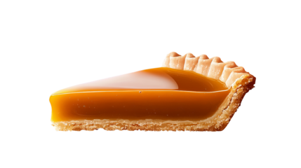 Caramel pie slice features a golden crust and shiny filling against a stark black background.