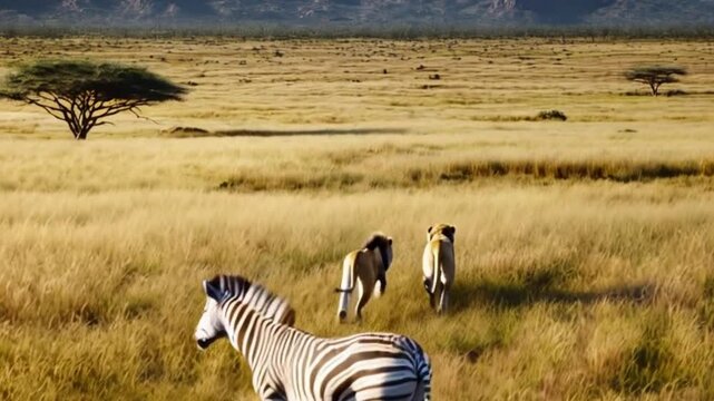 "Two,lions,hunting,zebr,vast,savann,distant,mountains,clear,blue,sky."