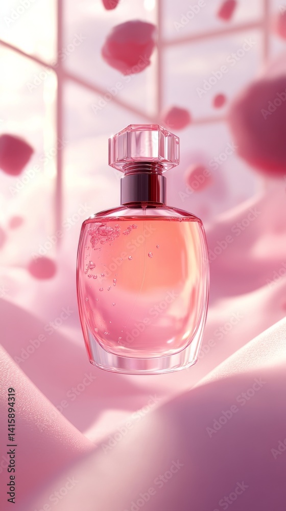 Poster glimmering allure of a perfume bottle amidst soft pink hues capturing the essence of elegance and so