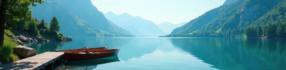 Peaceful alpine lake scene Small dock, two rowboats Simple flat design , boats, sun