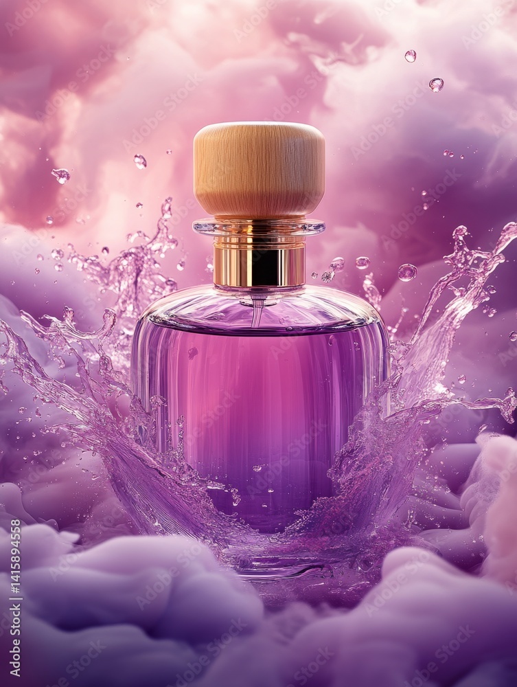 Aufkleber mystical allure of a round glass bottle surrounded by splashes of liquid and soft pink smoke, inviti
