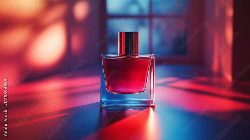 Poster captivating fragrance illuminated by enchanting red and blue hues creates an alluring atmosphere in 
