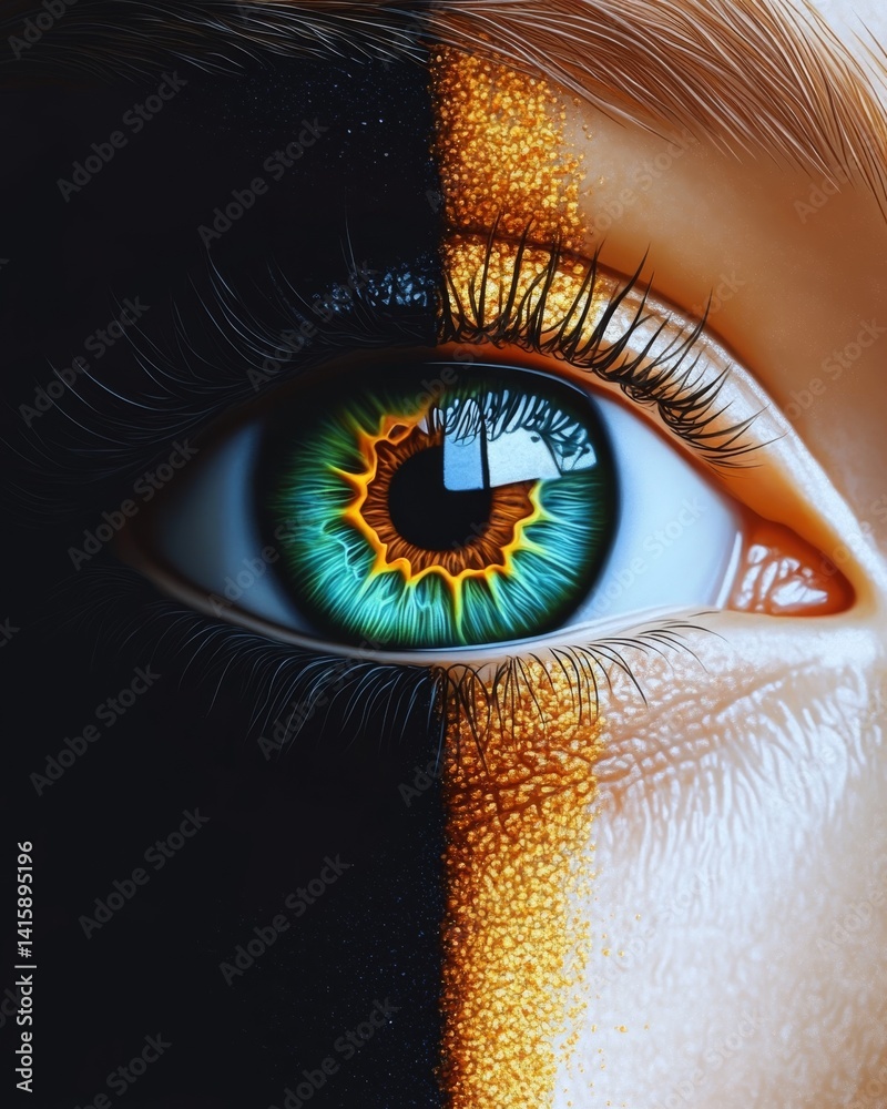 Poster unique depiction of a mesmerizing half green and half blue eye, combining vivid colors and intricate