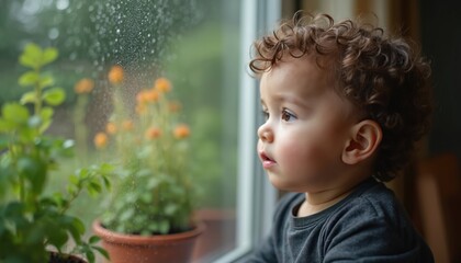 Young toddler boy looks through window. Curly hair, focused gaze. Rainy day with droplets on glass. Child watches rain, enjoying nature. Home interior background, indoor plant, pot.