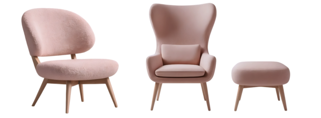 Set of designer modern light pink armchairs with light wooden base legs. isolated on transparent background