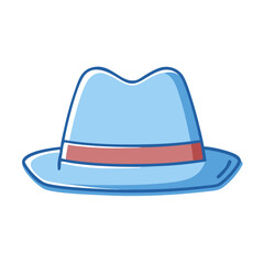 Illustration of a stylish blue fedora hat with a pink ribbon
